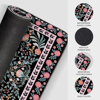 Black Floral Desk Mat Large Mouse Pad 31.5"x15.7" Non-Slip | Extended Mousepad, Non-Slip Rubber Base , Stitched Edges, for Computer/Laptop/Office/Home - color: Black Floral