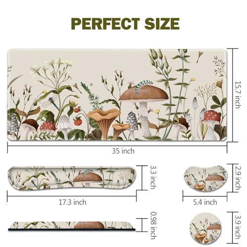 AIMSA Large Gaming Mouse Pad Set, Keyboard Wrist Rest Support+ Extended Mousepad+ Mouse Wrist Cushion+Coaster, Ergonomic Multifunctional Desk Mat 35x15.7in, Mushroom Plant Garden - color: Mushroom Plant Garden