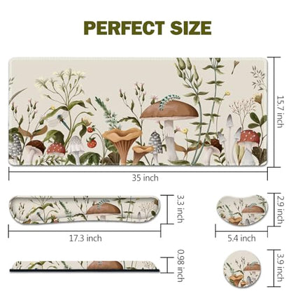 AIMSA Large Gaming Mouse Pad Set, Keyboard Wrist Rest Support+ Extended Mousepad+ Mouse Wrist Cushion+Coaster, Ergonomic Multifunctional Desk Mat 35x15.7in, Mushroom Plant Garden - color: Mushroom Plant Garden