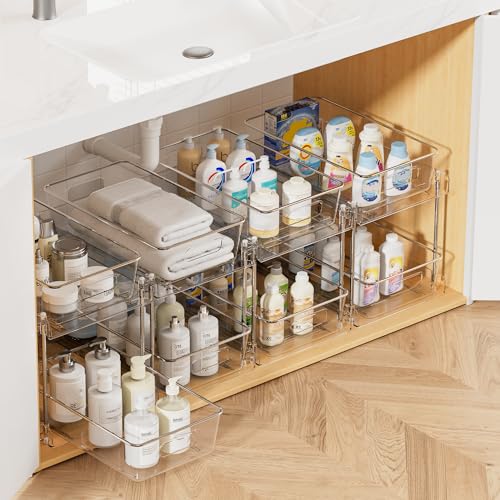 Vtopmart 4 Pack Pull Out Bathroom Under Sink Organizer (S-Standard) | Slide-out drawers, Multi-purpose storage, Clear visibility, Easy Set-up - color: Transparent, size: S-Standard (4 Pack)