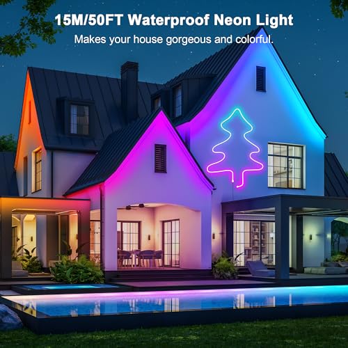 Cozylady RGB Neon Light LED Rope Light,Waterproof Bluetooth APP Remote Control Music Sync Strip Light,24V Flexible DIY Silicone Light for Bedroom Home Indoor Outdoor Decoration - size: 50 ft