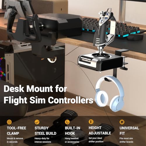 SILVIP Flight Hotas Desk Mount - Flight Simulator Joystick/Throttle/Hotas Mount Clamp with Headphone Holder Compatible with Thrustmaster, Logitech, Turtle Beach & Winwing Flight Sim Hotas, Black