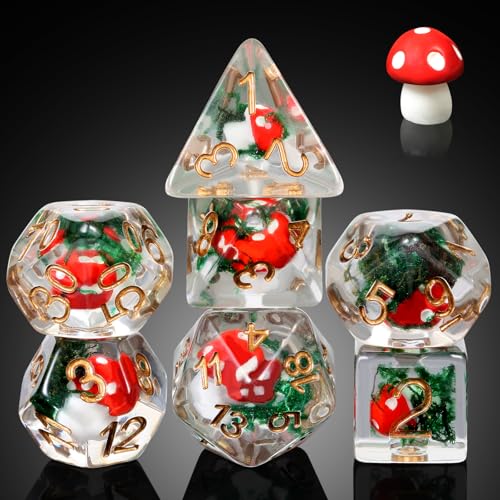 Mushroom Dice Set D&D, DNDND 7PCS Resin D&D Dice Set with Gift Velvet Bag for Dungeons and Dragons Role Playing Games and Tabletop Games（Red Mushroom - color: Mushroom Red