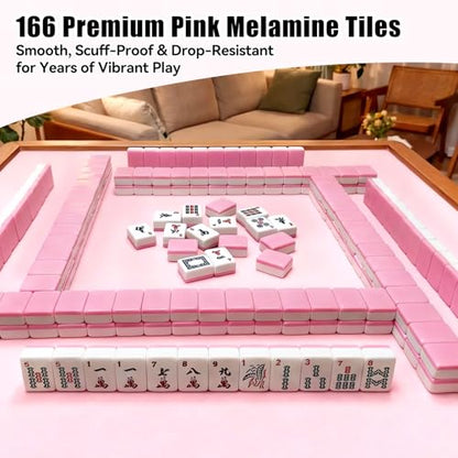 American Mahjong Tile Set, 166 Pink Mahjong Tiles with Carry Bag | 1.2-Inch Engraved Tiles, Melamine, Durable, Portable, with Mahjong Bag & 3 Dices for Travel, Family Game Nights, and Gifting - color: Pink