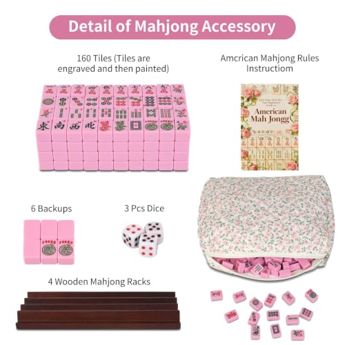 Travel American Mahjong Tile Set, 166 PCS 0.8 Inch Mini Mahjong Game Tiles, 4 Wooden Racks, Floral Storage Bag, 3 Dice & Beginner's Guide, Complete Portable Set (Pink) - color: Pink
