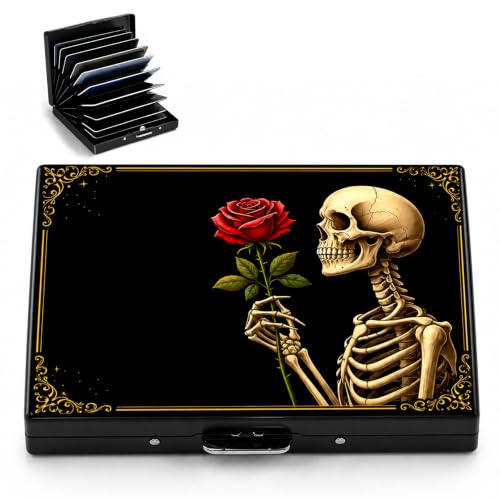 Rose Skull Metal Wallet Credit Card Protector Case Equipped RFID Blocking | with Pop-Up Button Slim Business Cards Holder Aluminum Cards Case Exclusive Rose Skull Gifts for Women Men - color: Rose Skull