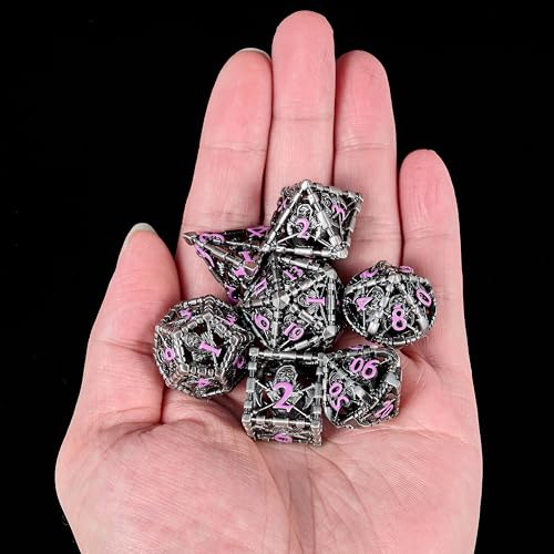 Hollow Grim Reaper Metal DND Dice Set, 7-Piece Polyhedral RPG Dice with Purple Numbers, 3D Hollow Wizard Skeleton Design with Metal Tin Box for D&D, RPGs, MTG, and Board Games - color: Hollow Wizard Silver