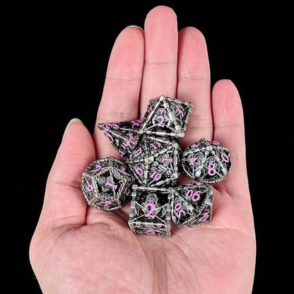 Hollow Grim Reaper Metal DND Dice Set, 7-Piece Polyhedral RPG Dice with Purple Numbers, 3D Hollow Wizard Skeleton Design with Metal Tin Box for D&D, RPGs, MTG, and Board Games - color: Hollow Wizard Silver