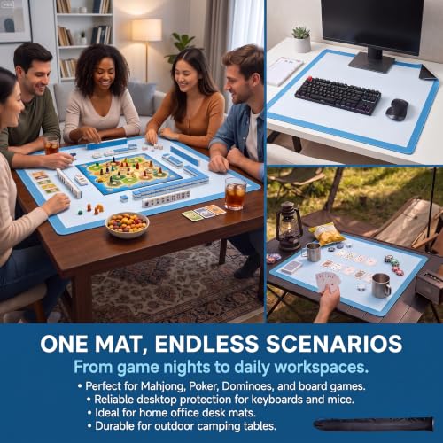 31.5in Blue Multi-Purpose Mahjong Mat, Poker Board Game & DIY Desk Pad | Plain Solid Neoprene Mahjong Mat | Waterproof, Quiet, Non-Slip for tiles, Dominoes, cards, Office Guard, With Bag & 4 Dice - color: Blue