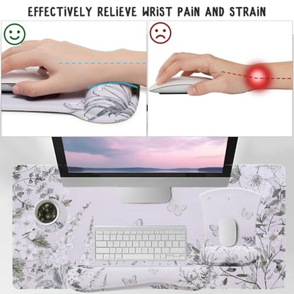 MEGREZ 4-in-1 Mouse Pad with Wrist Rest Ergonomic Memory Foam Desk Mat Set | ergonomic, anti-slip base, 4pcs set, desk pad, mouse wrist rest, keyboard rest, coaster, ideal for office & gaming - color: Green Flower