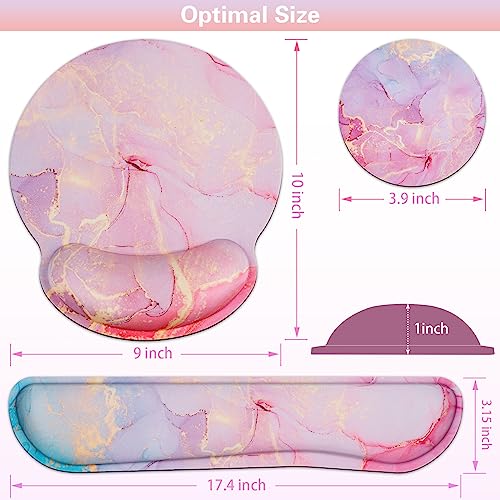 Mouse Pad with Wrist Rest Pink, 3-in-1 Wrist Support Mousepad Set, | Gaming with Anti-Skid Base,Ergonomic Mouse Pad,Memory Foam Keyboard Gel Wrist Rest - color: Pink Blue Marble