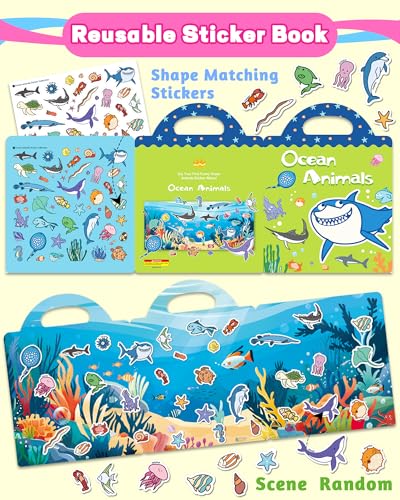 Walenced Reusable Sticker Book for Toddlers, Travel Stickers for Kids, Toddler Craft Activities Toys, Birthday Gifts for Boys & Girls - style: Marine Animal