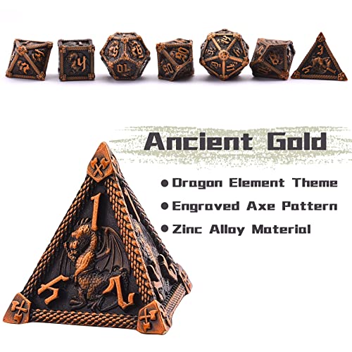 AUSTOR 7-Die Metal DND Dice Set Dungeons and Dragons Polyhedral Roll Playing Dice with Box D20 D12 D10 D% D8 D6 D4 for Pathfinder MTG RPG Board Games - color: Ancient Gold