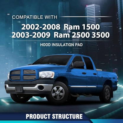 PIT66 Black Hood Insulation Pad 1/2" with Clips Compatible with Dodge Ram 1500 2500 3500 2002-2009 Heat Blanket - style: 2002-2008 Dodge Ram 1500 w/o Holes