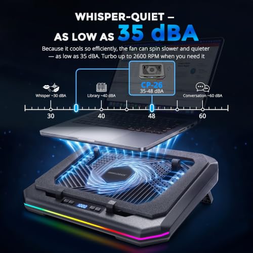 Laptop Cooling Pad, Quiet Turbo Fan Laptop Cooler for 12-19 Inch Gaming Laptop and MacBook, Height Adjustable Laptop Cooling Stand with RGB Light, Sealed Airflow Cooler Pad, USB Powered