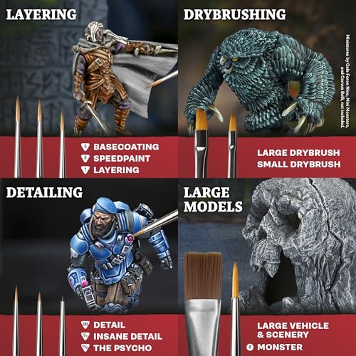 The Army Painter, Mega Brush Set, 10 Wargamers Miniature Paint Brushes | 3 for Layering, 2 for Drybrushing, 3 for Detailing & 2 for Large models - Miniature Model Painting