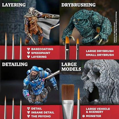 The Army Painter, Mega Brush Set, 10 Wargamers Miniature Paint Brushes | 3 for Layering, 2 for Drybrushing, 3 for Detailing & 2 for Large models - Miniature Model Painting