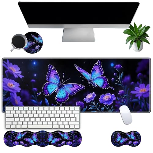 Large Gaming Mouse Pad Set with Wrist Support – 31.5" x 11.8" 4-in-1 XXL Mousepad with Keyboard Wrist Rest, Mouse Wrist Rest & Coaster – Ergonomic Desk Mat for Office, Home – Blue Butterfly Flower - color: Blue Butterfly Flower
