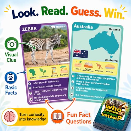 Quokka Who Guess It Better Game Set – Animals & Countries Educational Game with Visual Clues, 3 Card Sets Bundle, Screen-Free Travel Games for Kids Ages 6+ - color: 3set