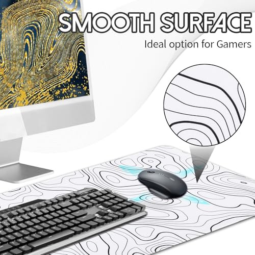 White Mouse Pad, Topographic Mouse Pad for Desktop | Large Gaming Mousepad, Stitched Edges & Non-slip Base, XL Long Mousepad for Desktop Office Gaming Home - color: Topographic Contour