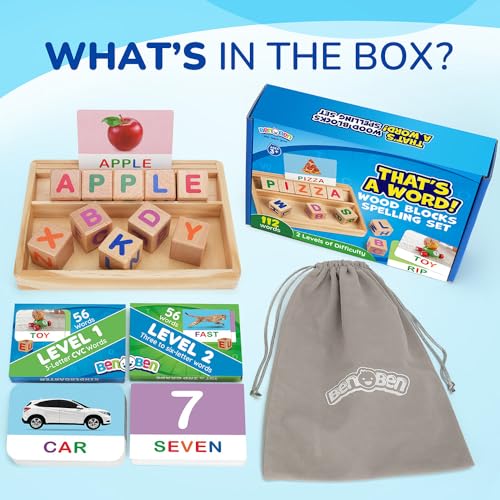 BenBen Spelling Games with Flash Cards, 112 Words, Montessori Toys for 3 4 5 6 Years Old Kids, Wooden Matching Letters Games, CVC Word Educational Learning Toys, Gift for Preschool Kindergarten - style: Matching & Spelling Game with Flash Cards