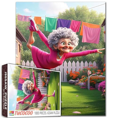 Funny Cartoon Granny Jigsaw Puzzle for Adults 1000 Piece Colorful Backyard Scene Elderly Lady Doing Yoga in Garden 20×27 Inches Puzzles Fun Brain Game for Family and Friends Stress Relief - color: Puzzle-old Woman-03