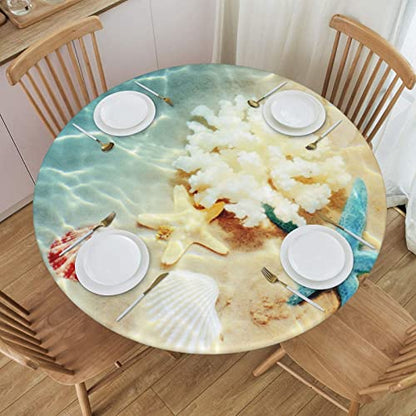 Famame Sea Beach Underwater Starfish Fitted Round Tablecloth Waterproof Table Cloth with Elastic Edge Wipe Clean Table Covers for Indoor Outdoor Fits 45"-50", Medium - color: Sea Underwater Starfish