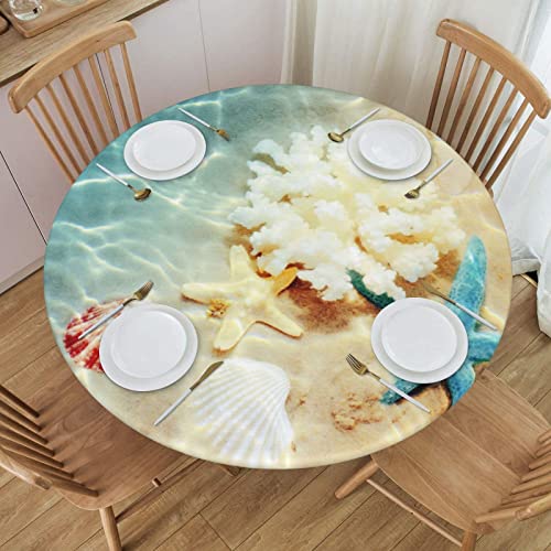 Famame Sea Beach Underwater Starfish Fitted Round Tablecloth Waterproof Table Cloth with Elastic Edge Wipe Clean Table Covers for Indoor Outdoor Fits 45"-50", Medium - color: Sea Underwater Starfish