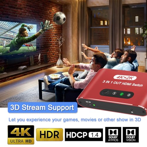 HDMI Switch 3 in 1 Out, 4K@60Hz HDMI Selector with Remote Control, 3 Ports HDMI Switcher, Perfect for Full HD 4K 1080P 3D Video Roku Fire TV Blu-ray Players Stick Apple PS4/PS5 Xbox Chromecast (Red) - color: Red