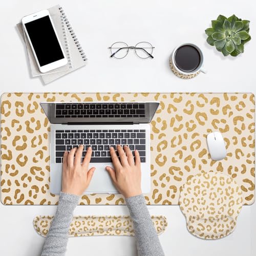 Arttown Keyboard Mouse Pad Set, 4 in 1 Desk Mat Set Leopard Gold | Cheetah Animal Print Large Mousepad+Keyboard Wrist Rest+Mouse Wrist Rest+Coaster Ergonomic Design for Home Office Computer - color: Gold Leopard