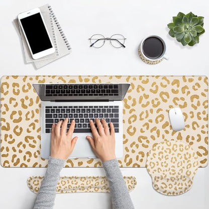 Arttown Keyboard Mouse Pad Set, 4 in 1 Desk Mat Set Leopard Gold | Cheetah Animal Print Large Mousepad+Keyboard Wrist Rest+Mouse Wrist Rest+Coaster Ergonomic Design for Home Office Computer - color: Gold Leopard