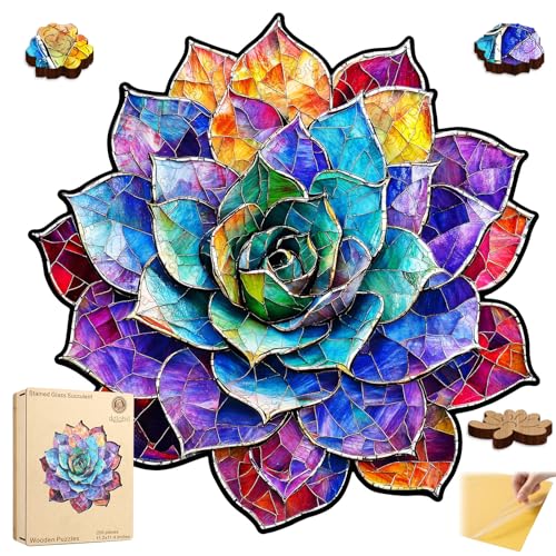 Delobil Stained Glass Succulent Wooden Puzzles for Adults, 200 Pieces Mandala Jigsaw Puzzles, Unique Shaped Medium Size Wood Puzzle Gift for Kids, Family Game 11.2'' x 11.4'' - color: Stained Glass Succulent, size: 200Pcs