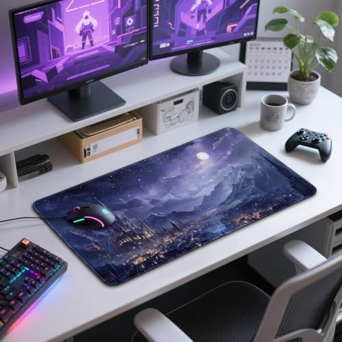 Fantasy Castle Night Large Gaming Mouse Pad Desk Mat 31.5"x15.7" | Extended Mousepad, Non-Slip Rubber Base , Stitched Edges, for Computer/Laptop/Office/Home - color: Fantasy Castle