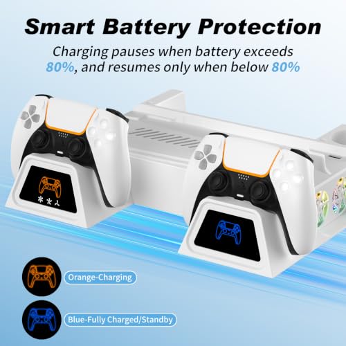 LENISUOLE PS5/Slim/Pro Stand and Cooling Station, with 3 Level Cooler Fan for PlayStation 5 Disc Digital Console, LED Dual Controller Charging Station, Headset Holder, Game Slot White - color: White