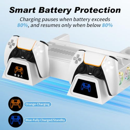 LENISUOLE PS5/Slim/Pro Stand and Cooling Station, with 3 Level Cooler Fan for PlayStation 5 Disc Digital Console, LED Dual Controller Charging Station, Headset Holder, Game Slot White - color: White