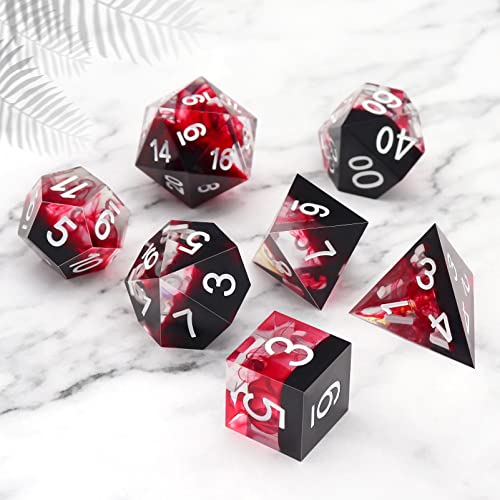 Haxtec Sharp Edge DND Dice Set Red Blood Swirls Resin Dice D&D Dice with Dice Case for RPG Role Playing Games Compatible with Dungeons and Dragons Gift-White Ink - color: Black Red
