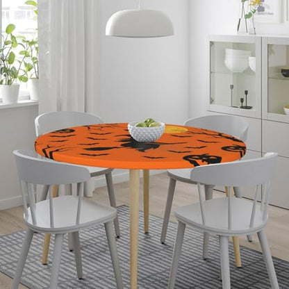 Famame Halloween Witch Moon Pumpkins Round Fitted Tablecloth with Elastic Protector Table Kitchen Dinner Waterproof Oil-Proof Table Covers Fits 40"-44", Small - color: Halloween Witch Moon Pumpkins, size: Small (40"-44")