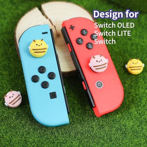 Switch Joycon Thumb Grips Caps, 4 PCS Cute Kawaii 3D Silicone Analog Thumbstick Button Cover Compatible with Nintendo Switch Lite/OLED Joystick Caps (Pink+Yellow Bee) - color: Pink+Yellow Bee