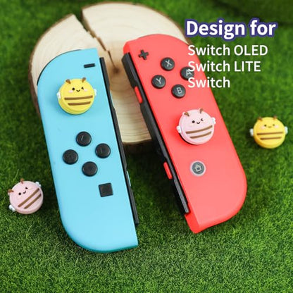 Switch Joycon Thumb Grips Caps, 4 PCS Cute Kawaii 3D Silicone Analog Thumbstick Button Cover Compatible with Nintendo Switch Lite/OLED Joystick Caps (Pink+Yellow Bee) - color: Pink+Yellow Bee