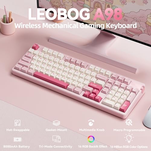 LEOBOG A98 Wireless Mechanical Keyboard, Tri-Mode BT5.0/2.4GHz/USB-C, Creamy Keyboard with Number Pad, Gasket Structure Hot Swappable, PBT Keycaps, RGB Backlit Pink Gaming Keyboard with Knob for PC - color: Creamy&Pink
