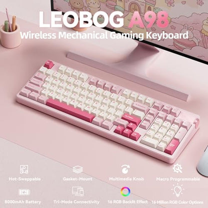 LEOBOG A98 Wireless Mechanical Keyboard, Tri-Mode BT5.0/2.4GHz/USB-C, Creamy Keyboard with Number Pad, Gasket Structure Hot Swappable, PBT Keycaps, RGB Backlit Pink Gaming Keyboard with Knob for PC - color: Creamy&Pink