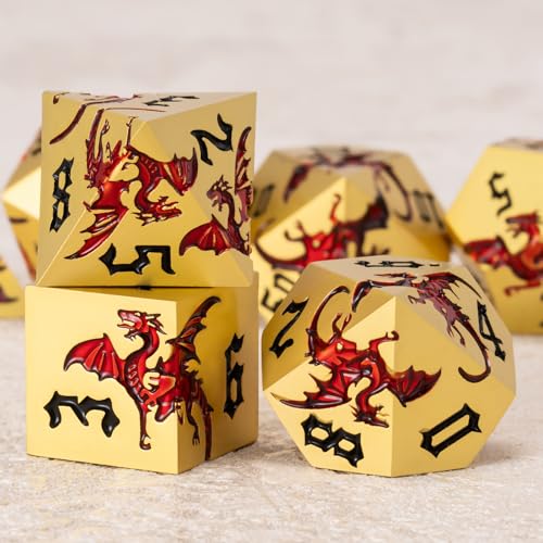 Metal DND Dragon Dice Set,D&D Polyhedral Dice with Dragon for Dungeons and Dragons RPG TTRPG D and D 7-Die Set with Gift Case - color: Dragon-pearl Gold Transparent Red