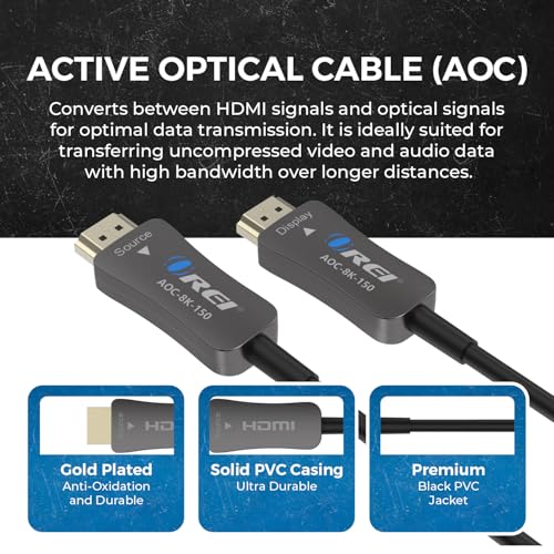 OREI 8K HDMI 2.1 Fiber Optic Cable 150ft - AOC, 48Gbps, 8K@60Hz, HDR10+, 3D - size: 150FT