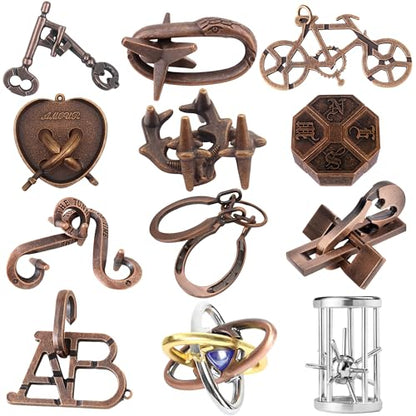 12Pcs Brain Teaser Puzzles for Adults and Teens, 3D Metal Puzzle Set with Various Difficulty Levels, IQ Logic Challenge Disentanglement Game, Fun Handheld Brain Teasers for Focus, Gifts for Boys Girls