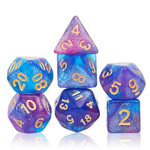 7Pcs Polyhedral Dice Set with Black Storage Bag (Purple&Blue+Nebula) | Classic dice set for RPG Polyhedral Dice for Dungeon and Dragons Playing Games 7-Die Set - color: Purple&blue+nebula Dice