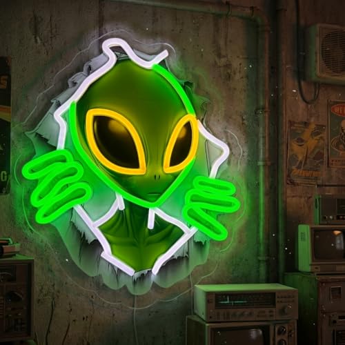 Alien Peeking Through Wall Neon Sign, Green UFO LED Wall Light, USB Powered Alien Neon Light for Game Room, Men's Cave, Bedroom & Party Decor, Ideal Alien Gifts - color: NFNAI-Green