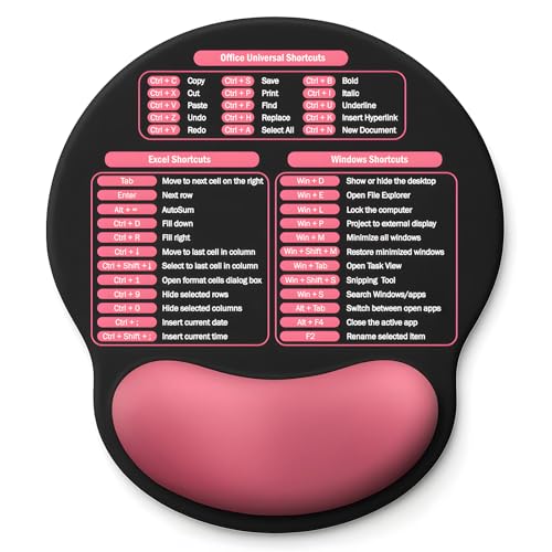 Mouse Pad with Wrist Rest - Ergonomic Memory Foam Support, Small Cute Excel Cheat Sheet Mousepad with Windows & Office Shortcuts, Non-Slip PU Base, for Computer Desk Laptop Travel, Black Pink - color: Black & Pink
