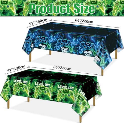 4 Pcs Video Game Tablecloths, Green and Blue Game Birthday Party Decorations Table Cloth for Kids Gaming Night Birthday Party Supplies, 51 x 86 in