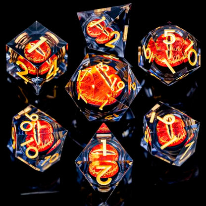 ARUOHHA DND Resin Dice Gazes Eye Dice Black Gold Liquid Core Flaming RPG Sharp Edged Dice Set with Gift Box, Polyhedral D and D Dice Set Compatible with Dungeons Dragons Role Playing Game D20 D6 - color: Sl01-black Gold