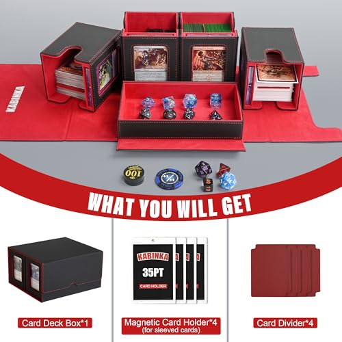 Kabinka Card Deck Box for MTG Commander, Holds 400+ Double-Sleeved Cards, 5 IN 1 Detachable Card Case with Dice Tray, Fits Magic/TCG Cards, 4 Magnetic Card Holders & Dividers (Black Red) - color: Black& Red